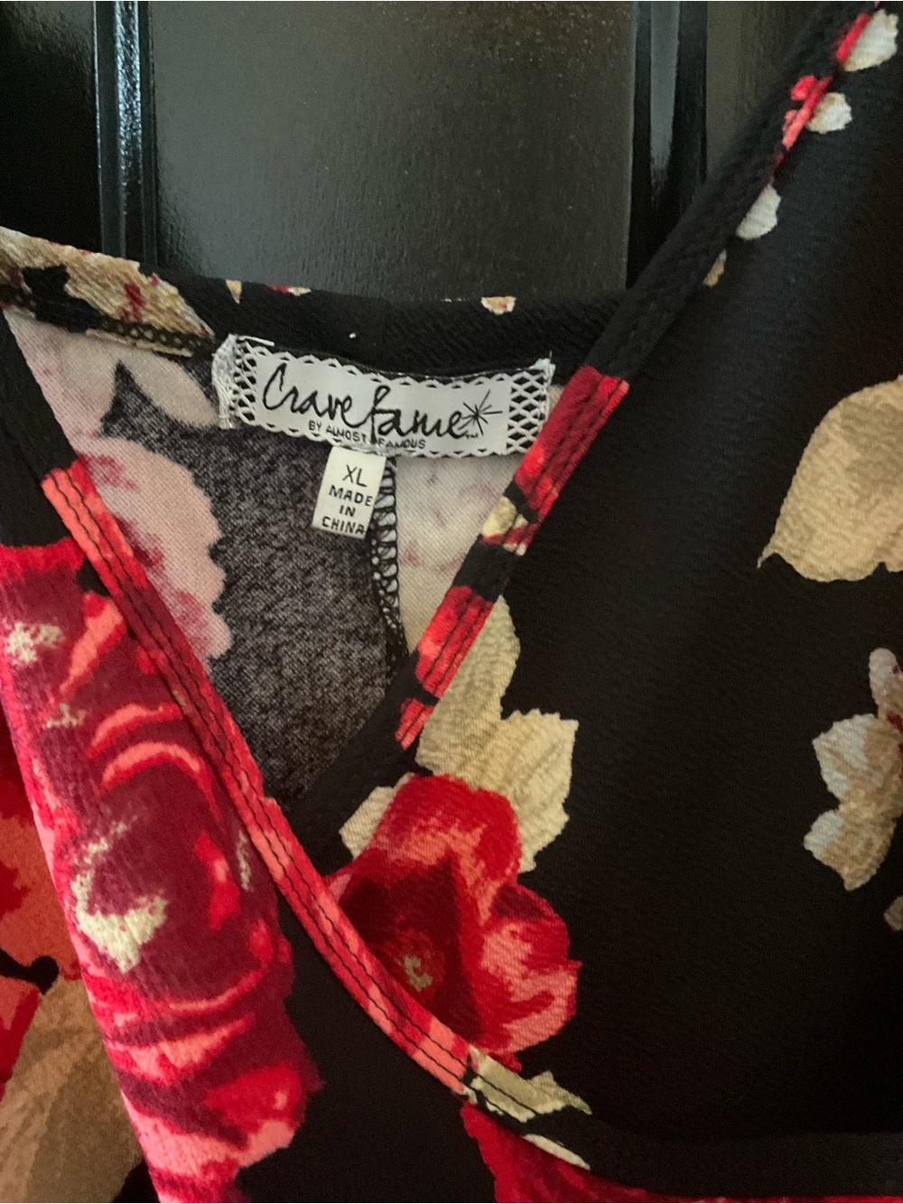 Crave Fame Black Floral V-Neck Dress with Red & Cream Blooms